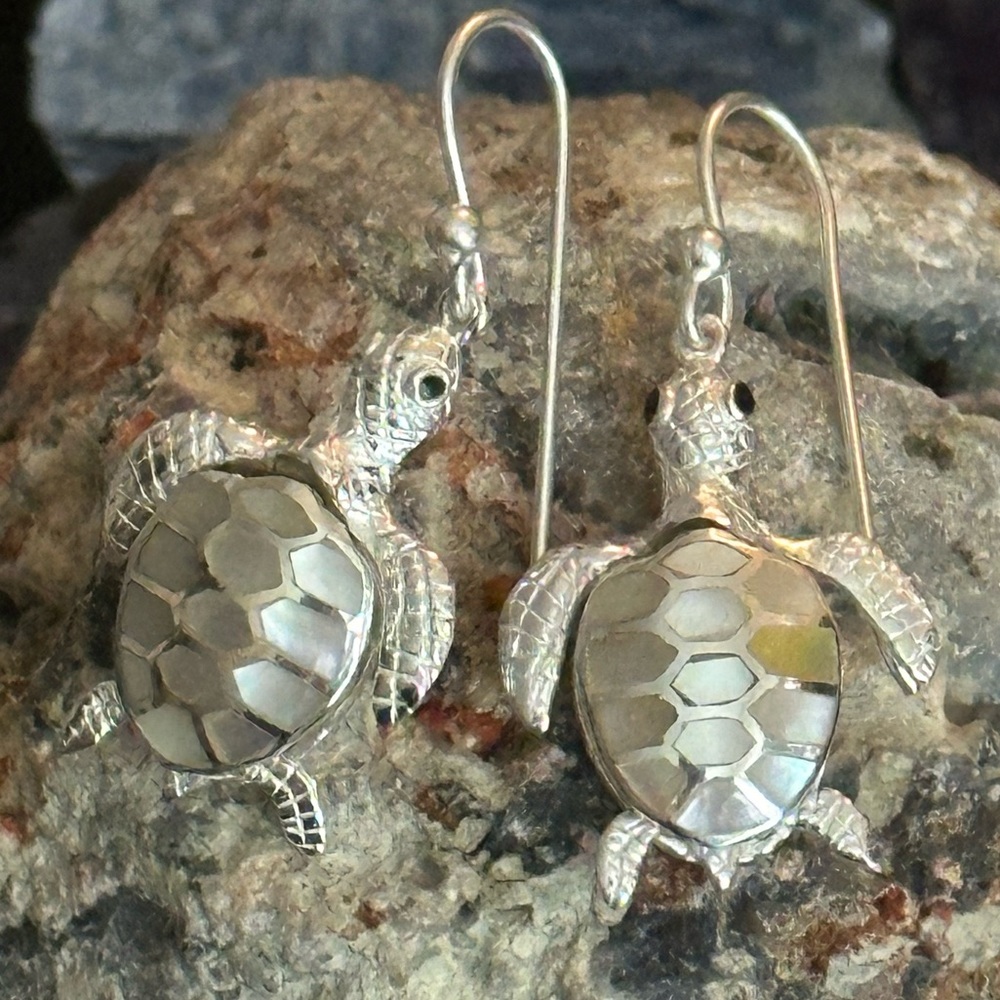 Turtles mother of pearl sterling silver earrings